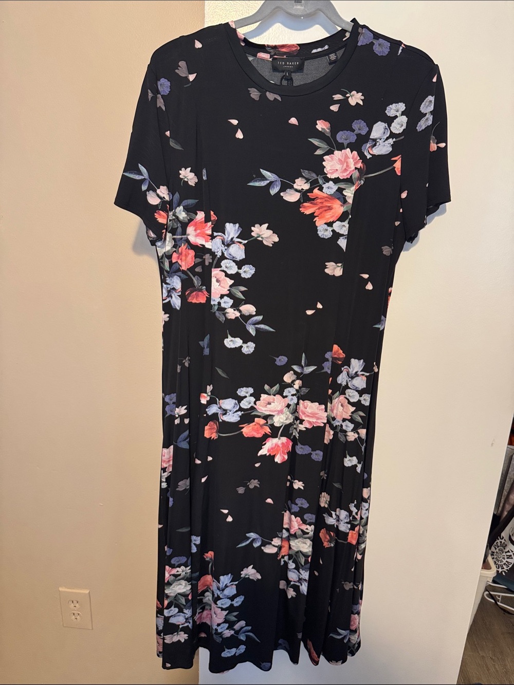 Ted Baker Black Midi Dress with Pink, Purple & Coral Floral Print